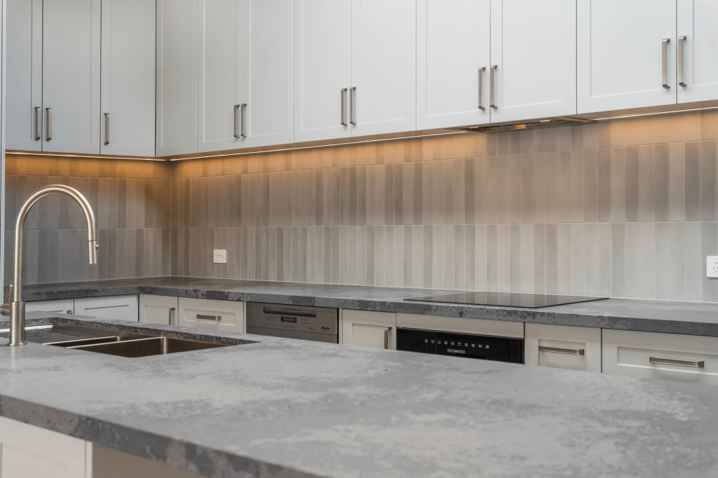 Close up shot of kitchen bench top and cabinets in Melbourne.